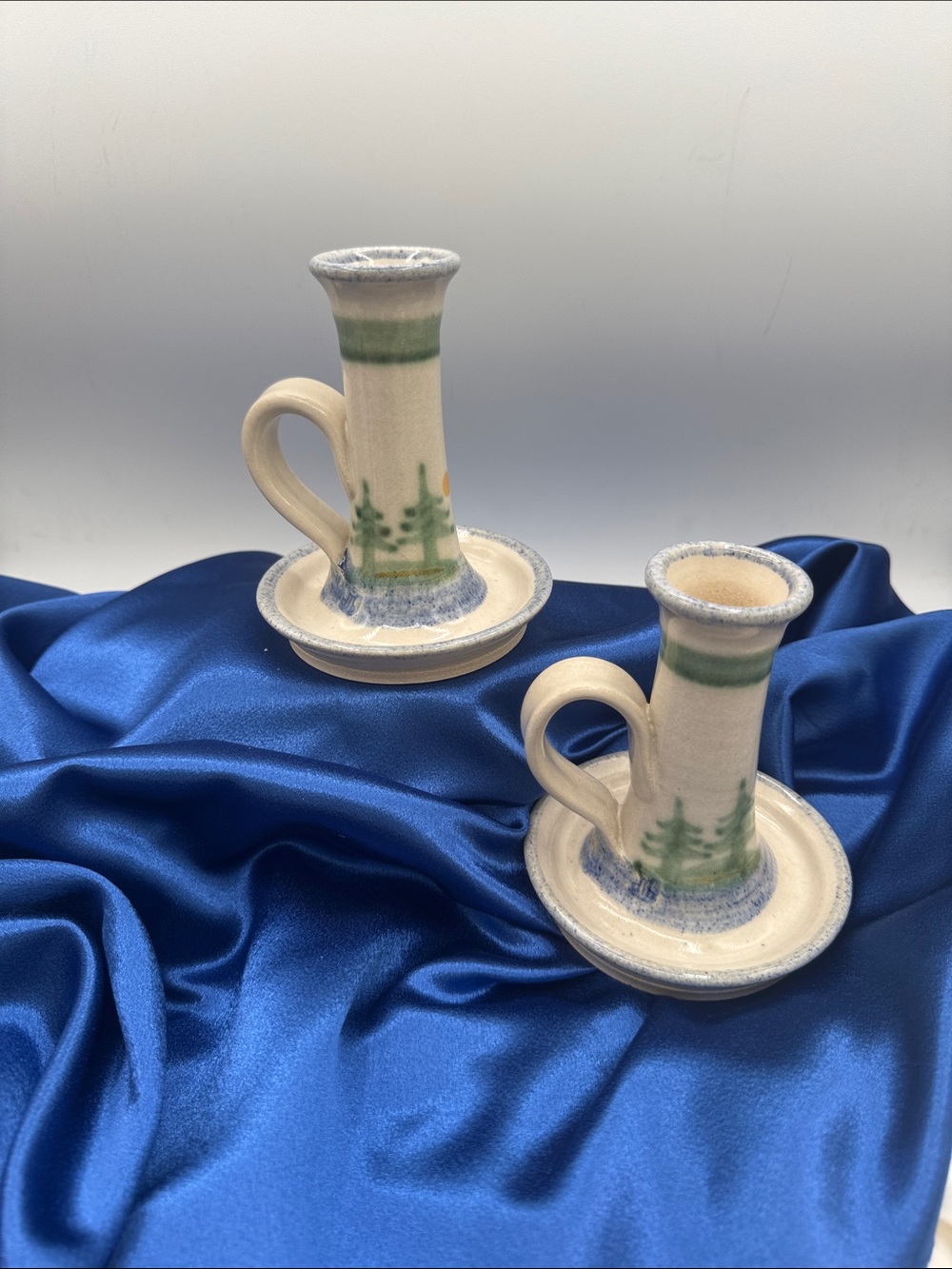 2 Handcrafted Ceramic Candle Holders — Blue, Green and Cream Set signed LUT 95